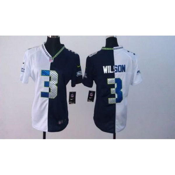 Women's Seahawks #3 Russell Wilson Steel Blue White Stitched NFL Elite Split Jersey