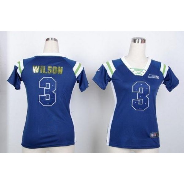 Women's Seahawks #3 Russell Wilson Steel Blue Stitched NFL Elite Light Diamond Jersey