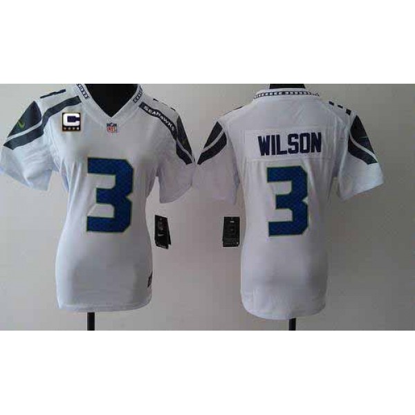 Women's Seahawks #3 Russell Wilson White With C Patch Stitched NFL Elite Jersey