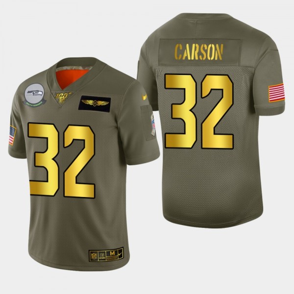 Seattle Seahawks #32 Chris Carson Men's Nike Olive Gold 2019 Salute to Service Limited NFL 100 Jersey