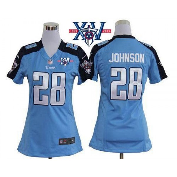 Women's Titans #28 Chris Johnson Light Blue Team Color With 15th Season Patch Stitched NFL Elite Jersey