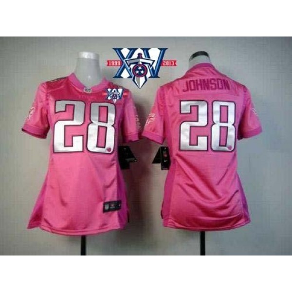 Women's Titans #28 Chris Johnson Pink With 15th Season Patch Be Luv'd Stitched NFL Elite Jersey