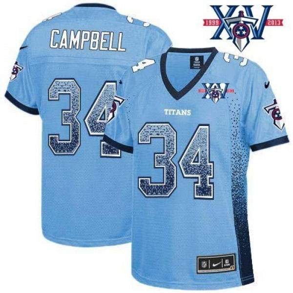 Women's Titans #34 Earl Campbell Light Blue Team Color With 15th Season Patch Stitched NFL Elite Drift Jersey